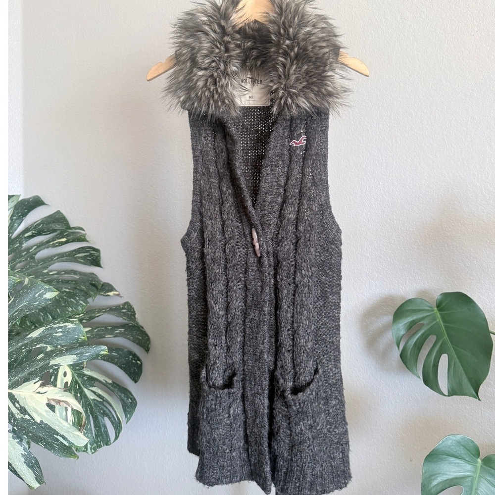 VTG Hollister Womens Brown Cable Knit Longline Sweater Vest Faux Fur Collar M/L